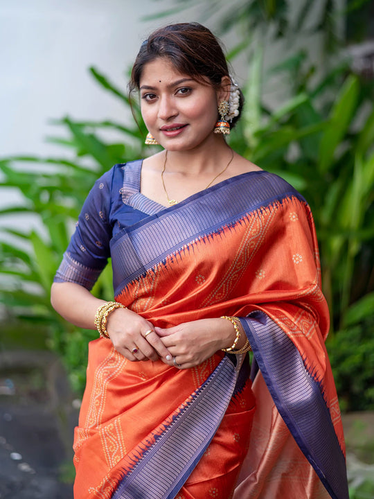 Orange Raw Silk Saree With Blouse Piece