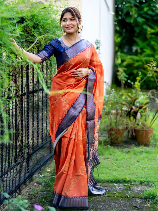 Orange Raw Silk Saree With Blouse Piece