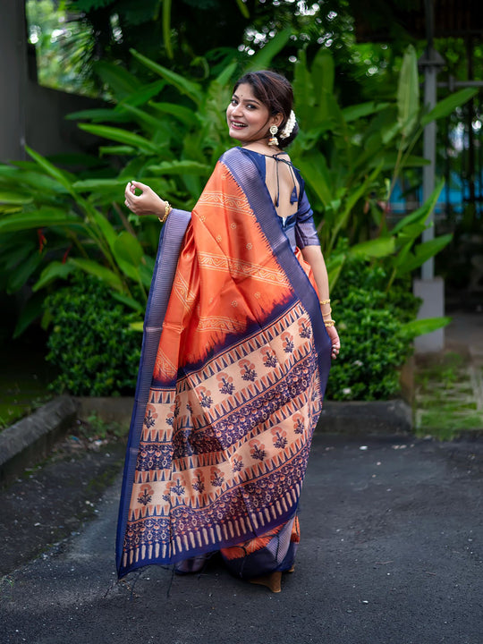 Orange Raw Silk Saree With Blouse Piece