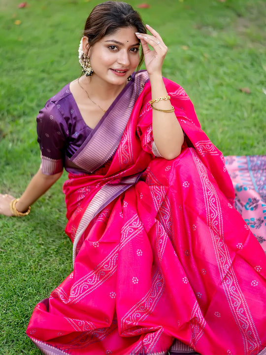 Pink Raw Silk Saree With Blouse Piece