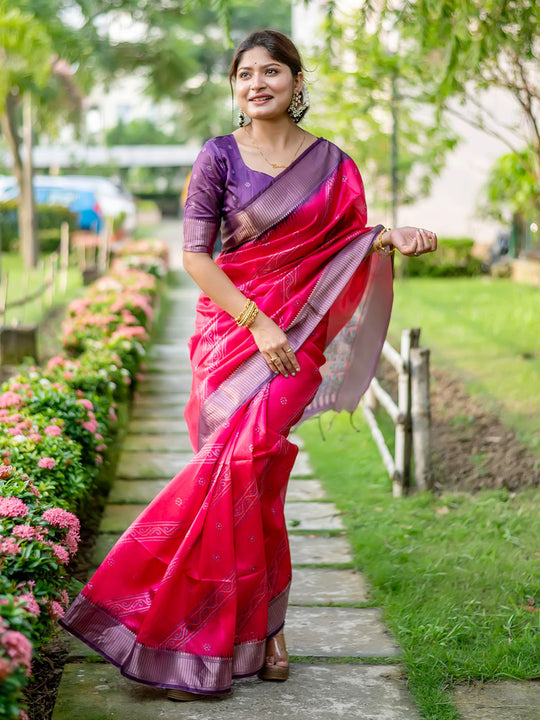Pink Raw Silk Saree With Blouse Piece