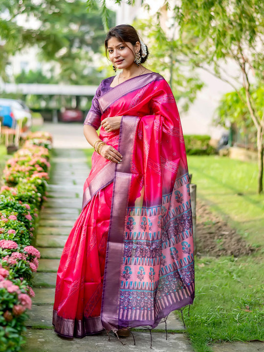 Pink Raw Silk Saree With Blouse Piece