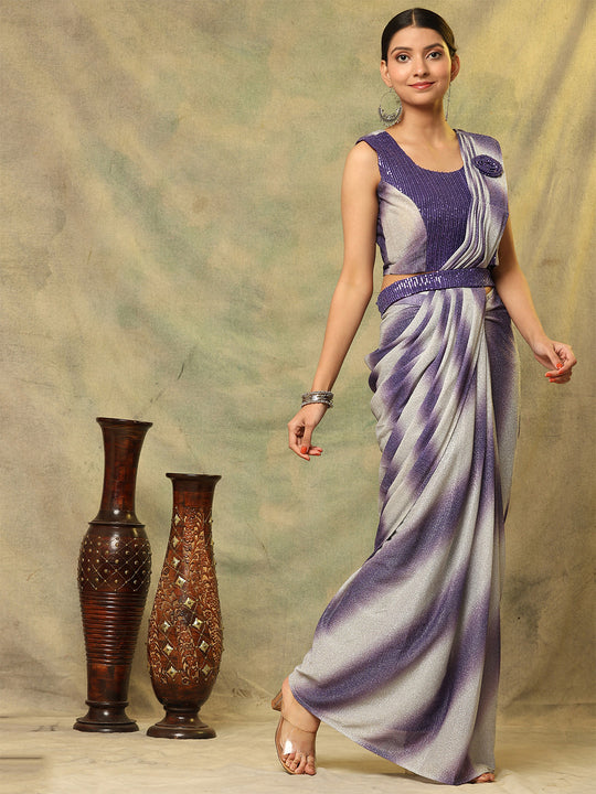 Purple Polyester Ready To Wear Saree With Blouse Piece