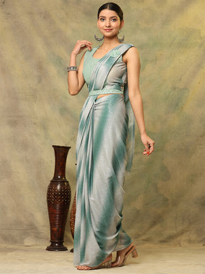 Sea Green  Polyester Ready To Wear Saree With Blouse Piece