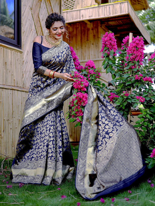 Blue Banarasi Silk Saree With Blouse Piece
