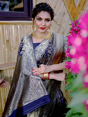 Blue Banarasi Silk Saree With Blouse Piece
