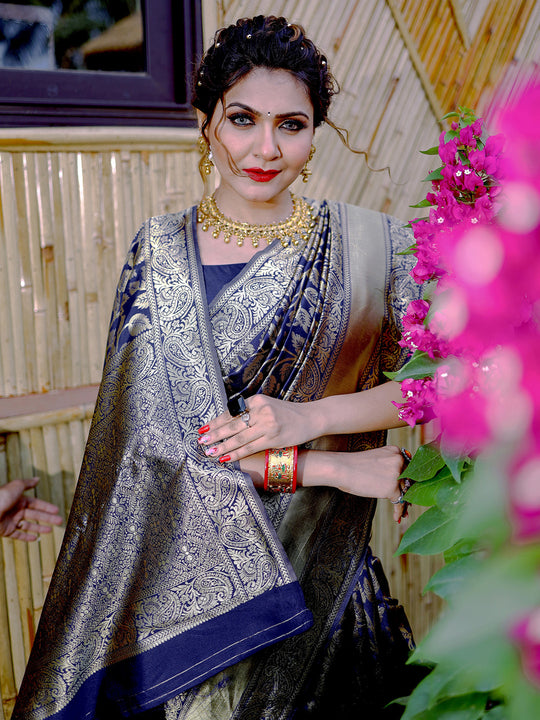 Blue Banarasi Silk Saree With Blouse Piece