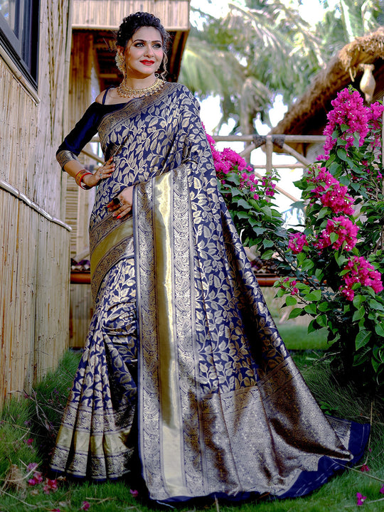 Blue Banarasi Silk Saree With Blouse Piece