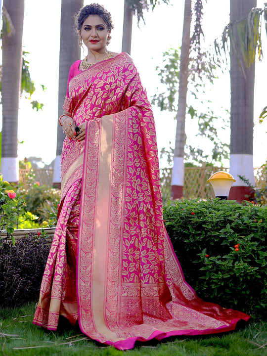 Pink Banarasi Silk Saree With Blouse Piece