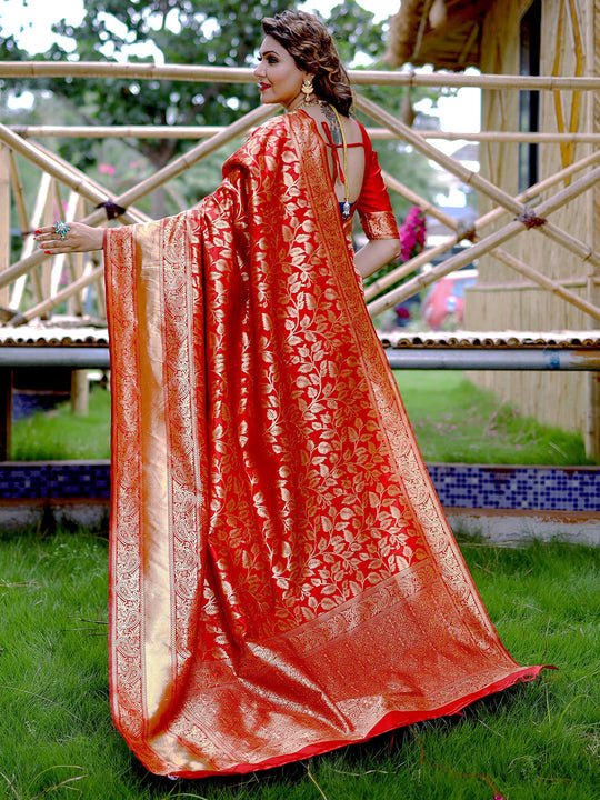 Red Banarasi Silk Saree With Blouse Piece