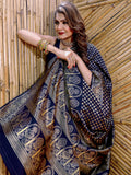 Navy Blue Banarasi Silk Saree With Blouse Piece