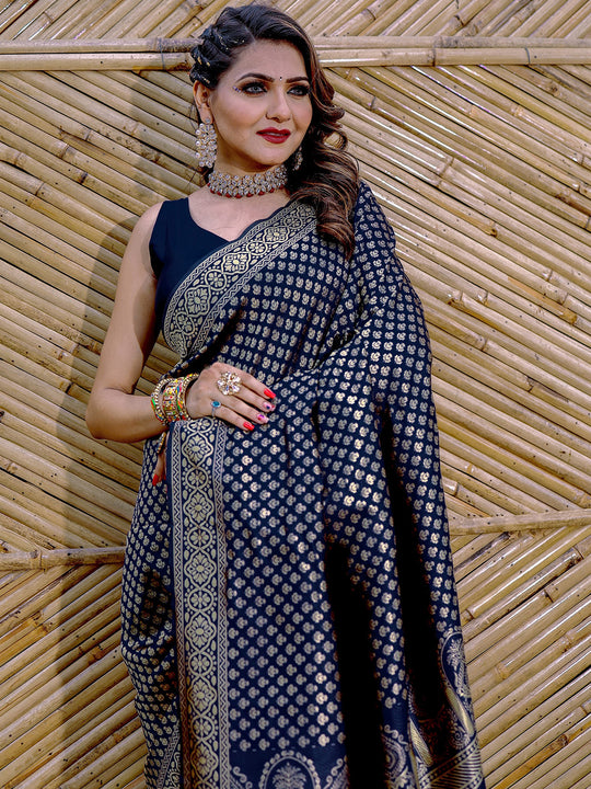 Navy Blue Banarasi Silk Saree With Blouse Piece