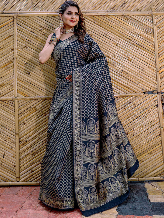 Navy Blue Banarasi Silk Saree With Blouse Piece
