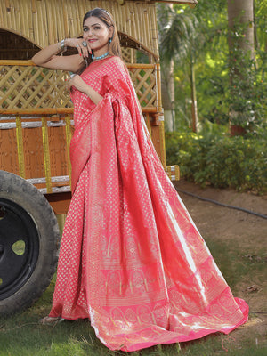 Pink Banarasi Silk Saree With Blouse Piece
