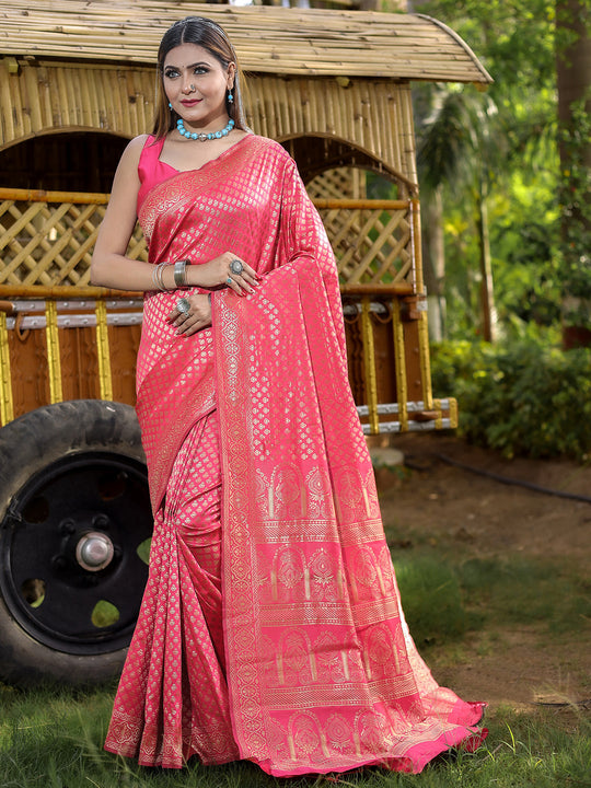Pink Banarasi Silk Saree With Blouse Piece