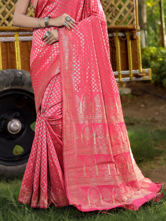 Pink Banarasi Silk Saree With Blouse Piece