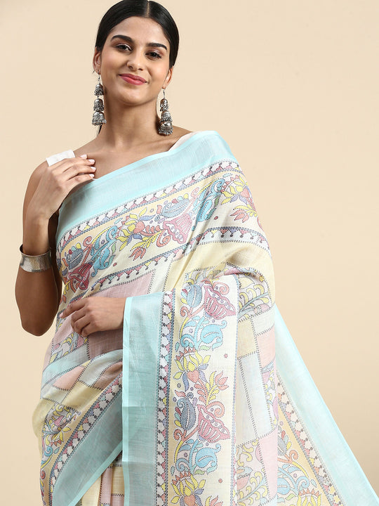 Multi Linen Blend Saree With Blouse Piece