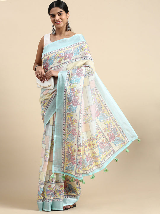 Multi Linen Blend Saree With Blouse Piece