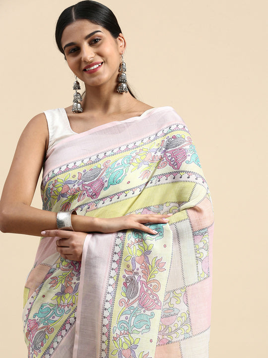 Multi Linen Blend Saree With Blouse Piece