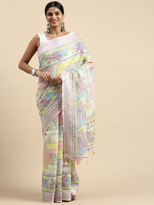 Multi Linen Blend Saree With Blouse Piece