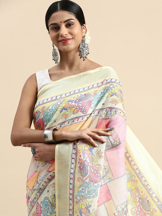 Multi Linen Blend Saree With Blouse Piece
