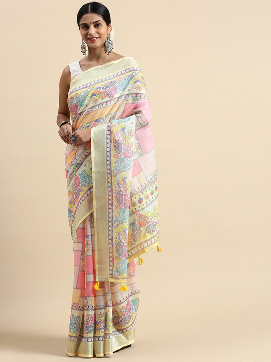 Multi Linen Blend Saree With Blouse Piece