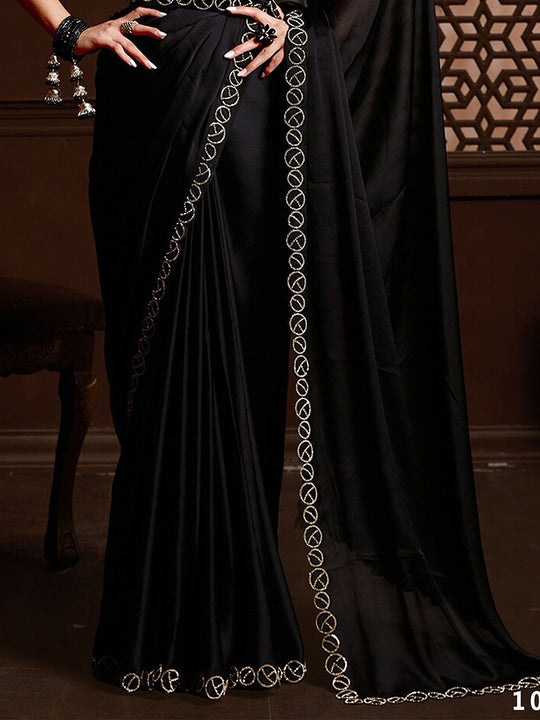 Black Satin Chiffon Saree With Blouse Piece