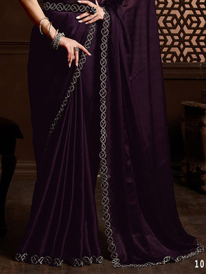 Purple Satin Chiffon Saree With Blouse Piece