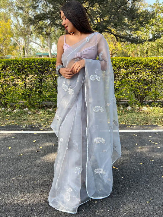 Grey Organza Saree With Blouse Piece