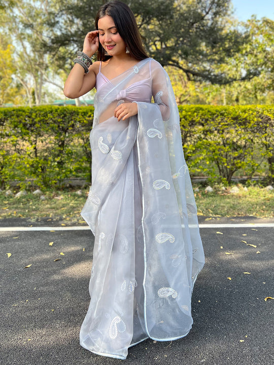 Grey Organza Saree With Blouse Piece
