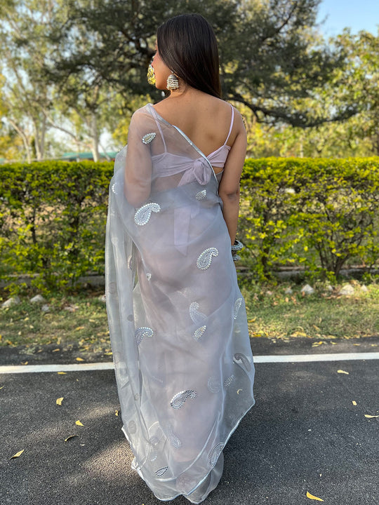 Grey Organza Saree With Blouse Piece