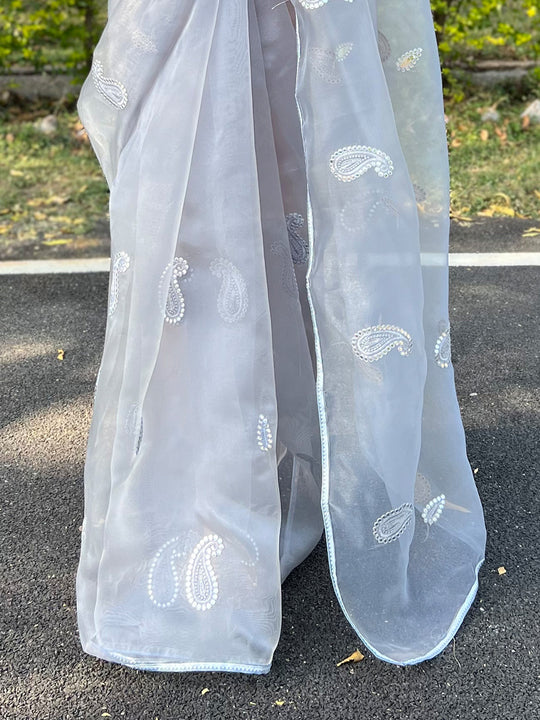 Grey Organza Saree With Blouse Piece