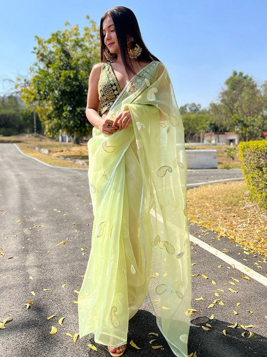 Lime Green Organza Saree With Blouse Piece