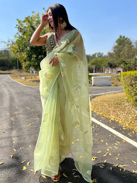 Lime Green Organza Saree With Blouse Piece