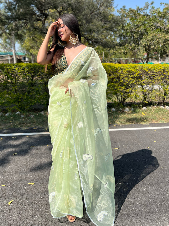 Lime Green Organza Saree With Blouse Piece