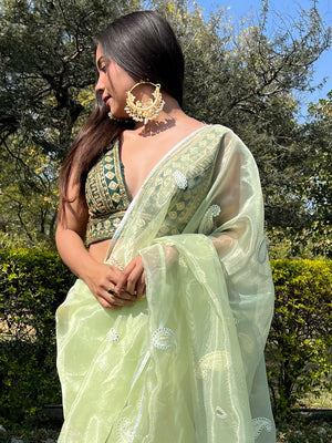 Lime Green Organza Saree With Blouse Piece