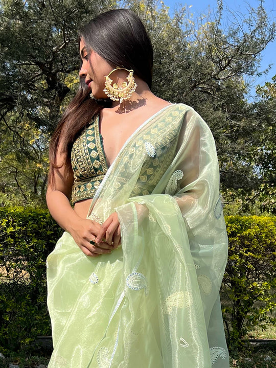 Lime Green Organza Saree With Blouse Piece