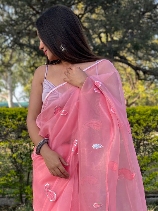 Pink Organza Saree With Blouse Piece