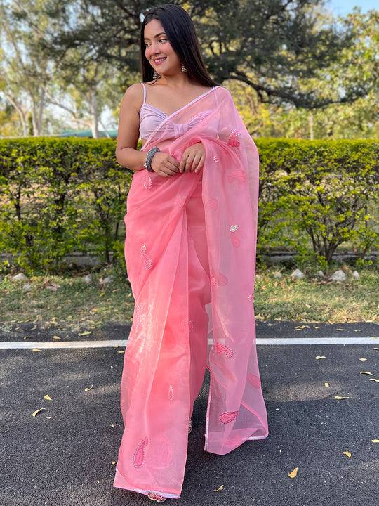 Pink Organza Saree With Blouse Piece