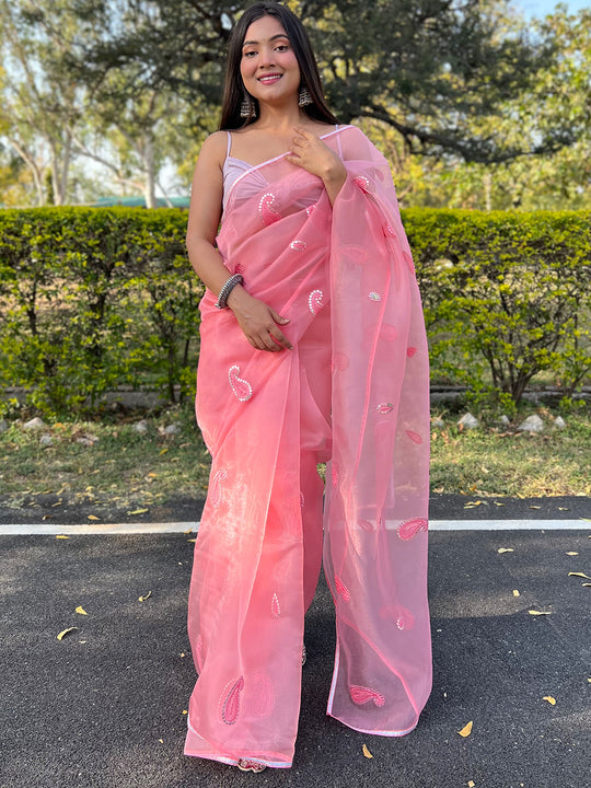 Pink Organza Saree With Blouse Piece
