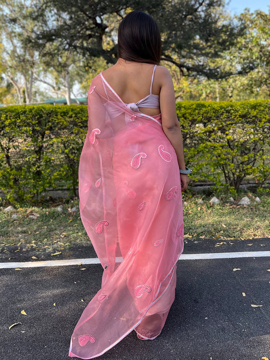 Pink Organza Saree With Blouse Piece