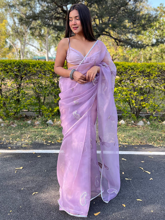 Lavender Organza Saree With Blouse Piece