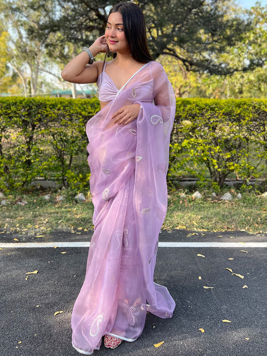 Lavender Organza Saree With Blouse Piece