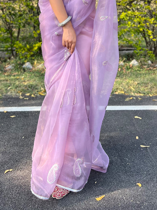 Lavender Organza Saree With Blouse Piece