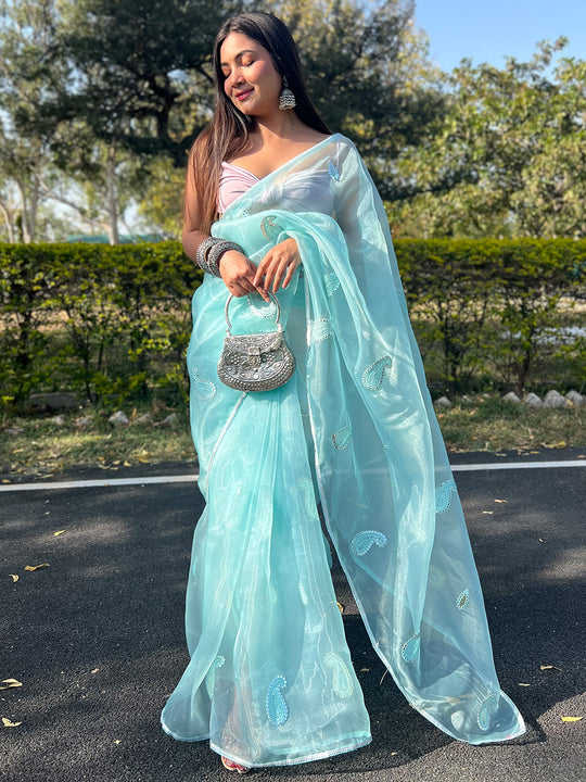 Blue Organza Saree With Blouse Piece