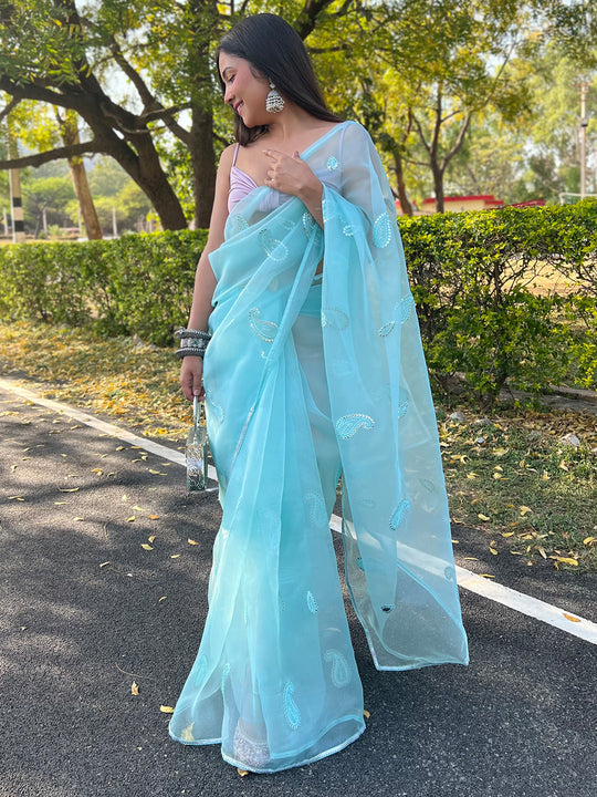 Blue Organza Saree With Blouse Piece