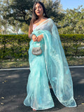Blue Organza Saree With Blouse Piece