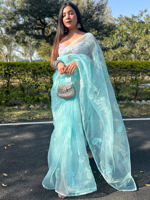 Blue Organza Saree With Blouse Piece