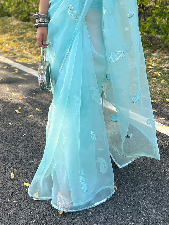 Blue Organza Saree With Blouse Piece