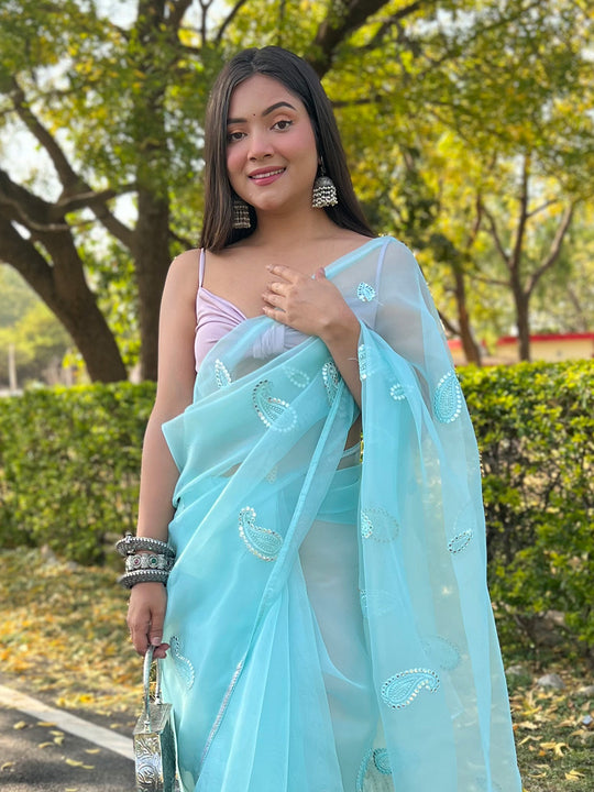 Blue Organza Saree With Blouse Piece